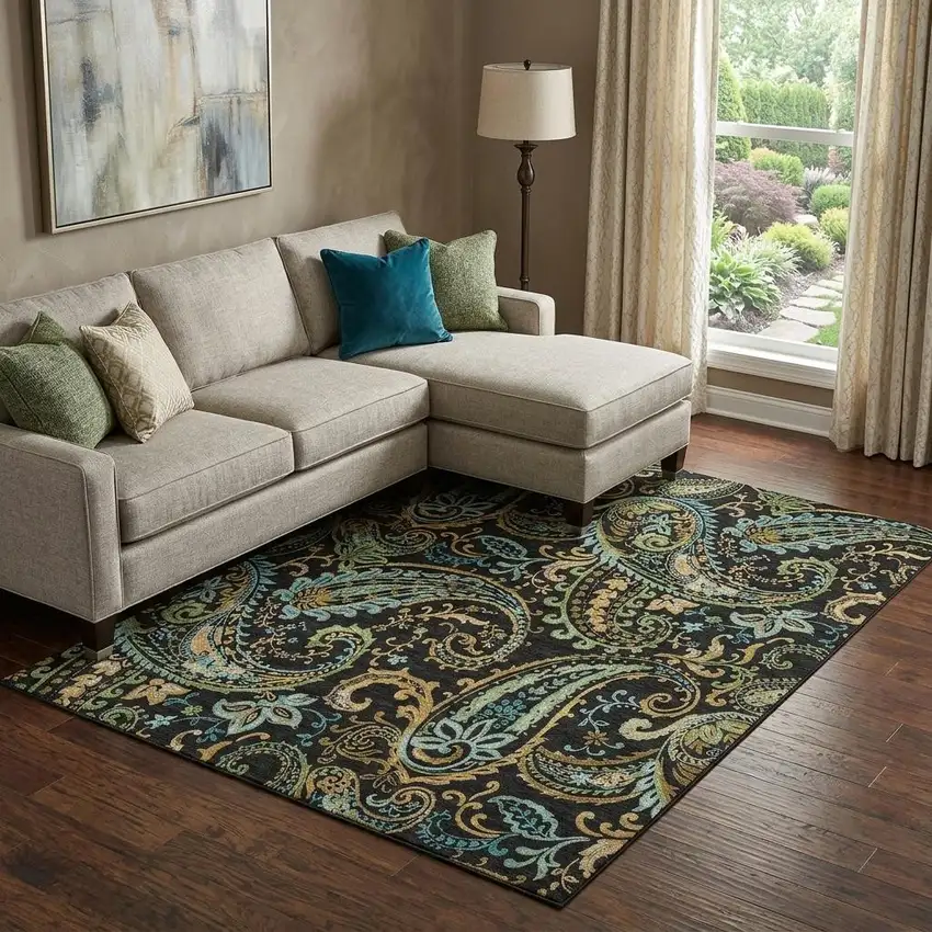 Black Blue And Green Paisley Washable Area Rug With UV Protection Photo 1
