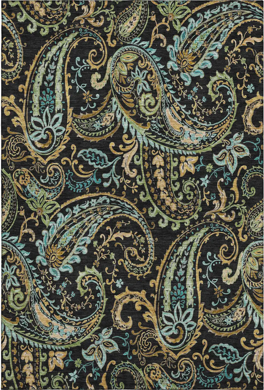 Black Blue And Green Paisley Washable Area Rug With UV Protection Photo 1