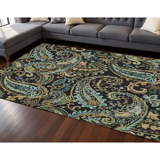 Black Blue And Green Paisley Washable Area Rug With UV Protection Photo 2