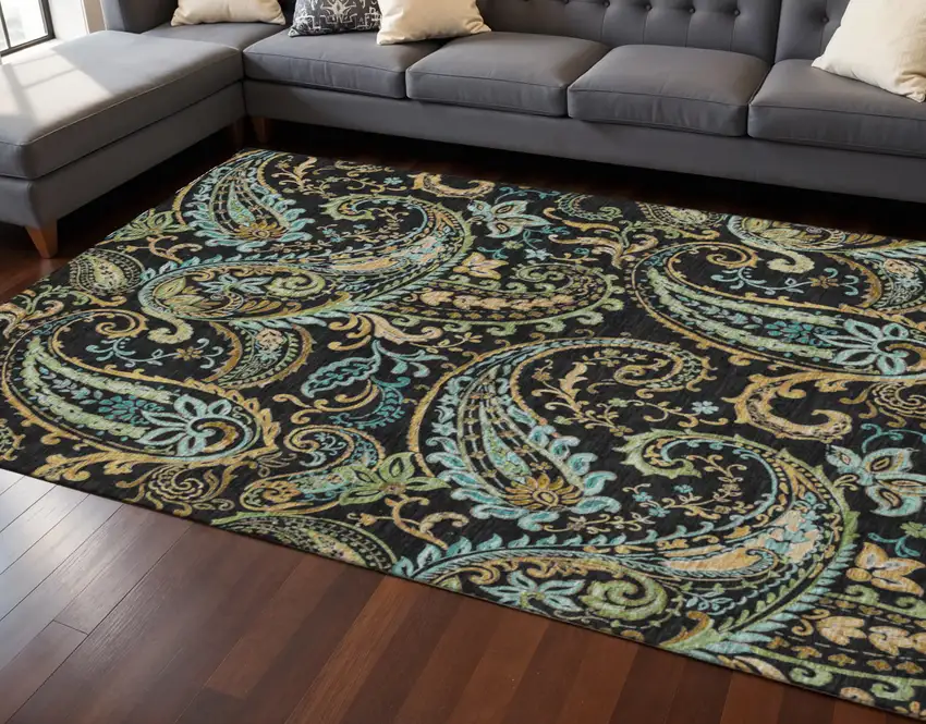 Black Blue And Green Paisley Washable Area Rug With UV Protection Photo 2