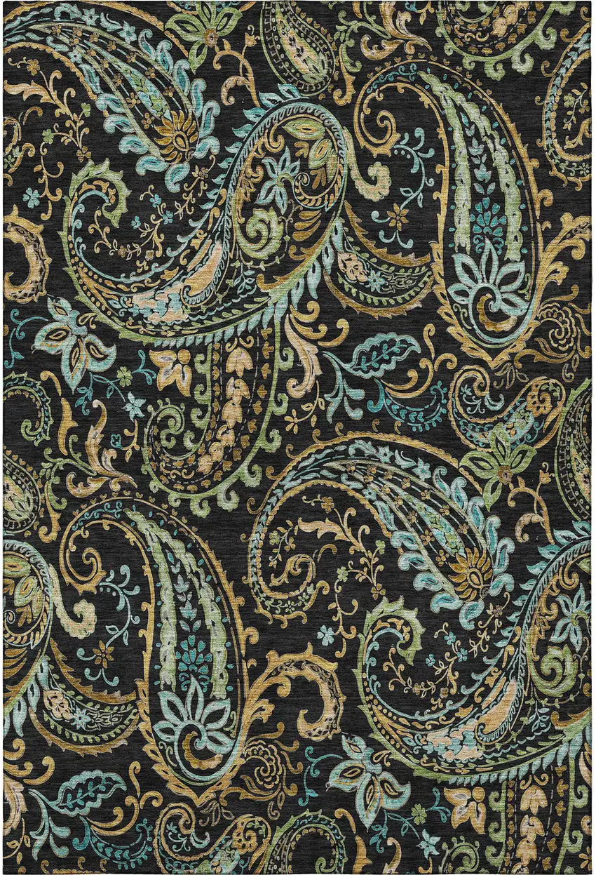 Black Blue And Green Paisley Washable Area Rug With UV Protection Photo 4