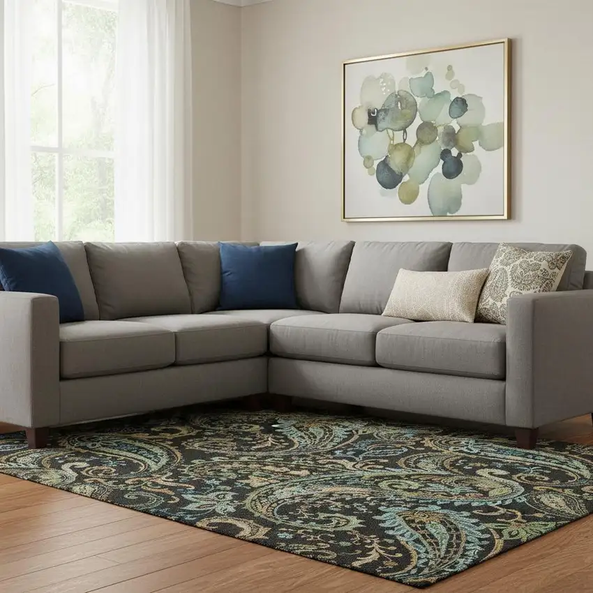 Black Blue And Green Paisley Washable Area Rug With UV Protection Photo 1