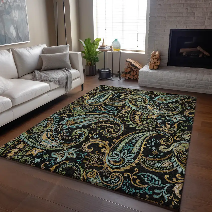 Black Blue And Green Paisley Washable Area Rug With UV Protection Photo 6