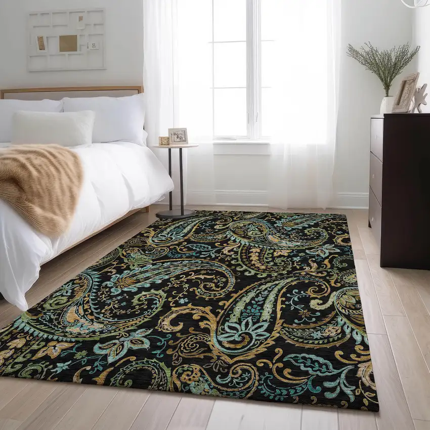 Black Blue And Green Paisley Washable Area Rug With UV Protection Photo 5
