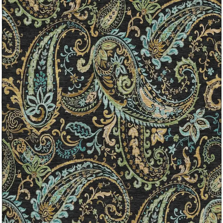 Black Blue And Green Paisley Washable Area Rug With UV Protection Photo 3