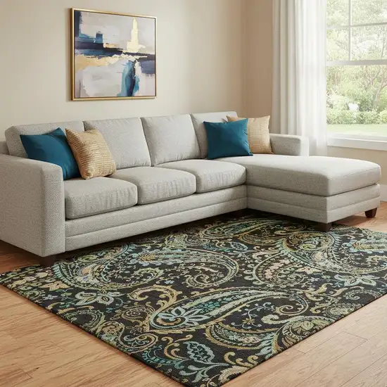 Black Blue And Green Paisley Washable Area Rug With UV Protection Photo 1