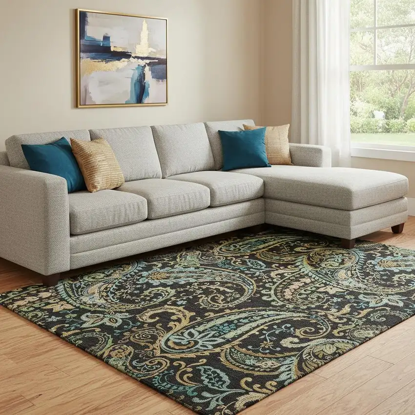 Black Blue And Green Paisley Washable Area Rug With UV Protection Photo 1