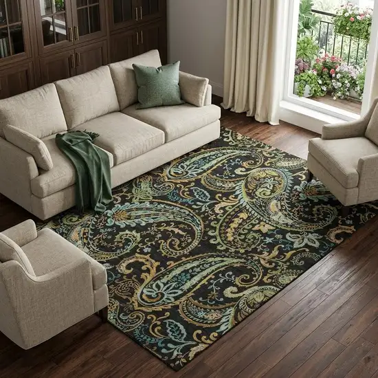 Black Blue And Green Paisley Washable Area Rug With UV Protection Photo 1