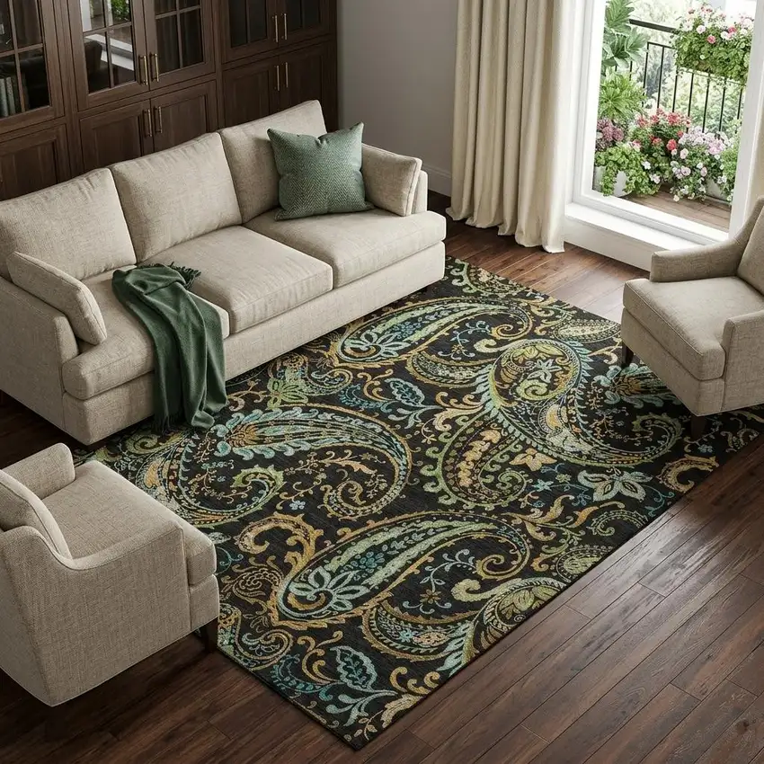 Black Blue And Green Paisley Washable Area Rug With UV Protection Photo 1