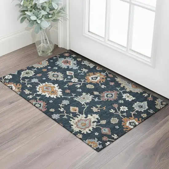 Black Blue And Ivory Floral Medallion Washable Area Rug With UV Protection Photo 1
