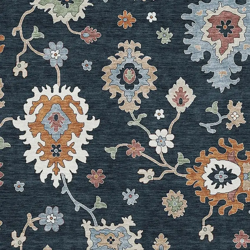 Black Blue And Ivory Floral Medallion Washable Area Rug With UV Protection Photo 2