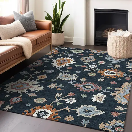Black Blue And Ivory Floral Medallion Washable Area Rug With UV Protection Photo 5