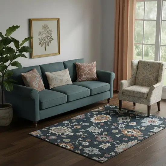 Black Blue And Ivory Floral Medallion Washable Area Rug With UV Protection Photo 1