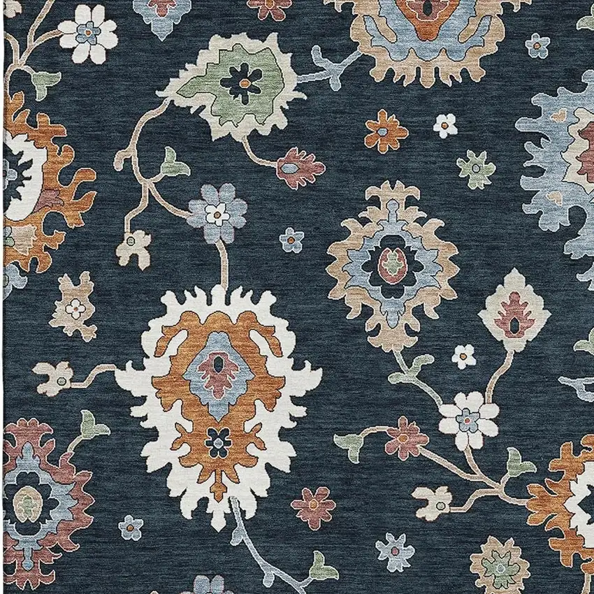 Black Blue And Ivory Floral Medallion Washable Area Rug With UV Protection Photo 2