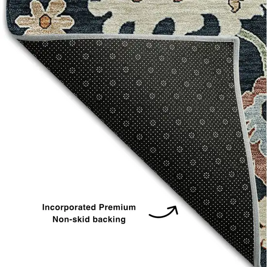 Black Blue And Ivory Floral Medallion Washable Area Rug With UV Protection Photo 6