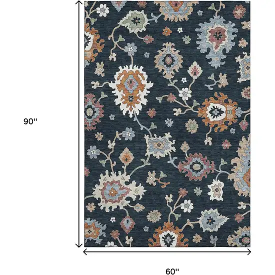 Black Blue And Ivory Floral Medallion Washable Area Rug With UV Protection Photo 3