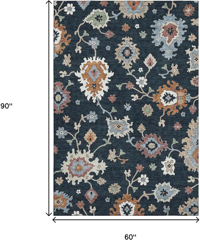 Black Blue And Ivory Floral Medallion Washable Area Rug With UV Protection Photo 3