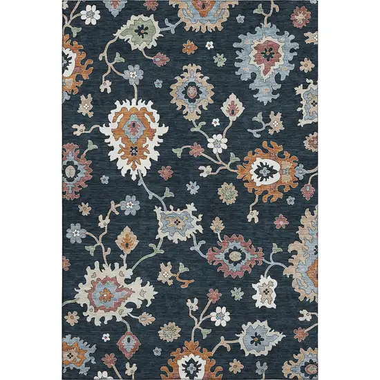 Black Blue And Ivory Floral Medallion Washable Area Rug With UV Protection Photo 1