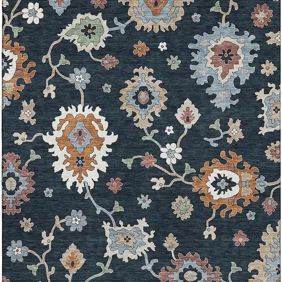 Black Blue And Ivory Floral Medallion Washable Area Rug With UV Protection Photo 2