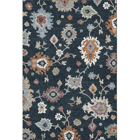 Black Blue And Ivory Floral Medallion Washable Area Rug With UV Protection Photo 3