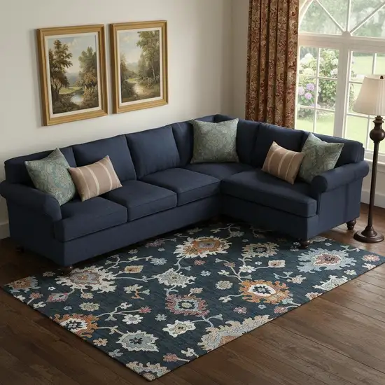 Black Blue And Ivory Floral Medallion Washable Area Rug With UV Protection Photo 1