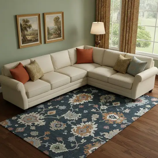 Black Blue And Ivory Floral Medallion Washable Area Rug With UV Protection Photo 1