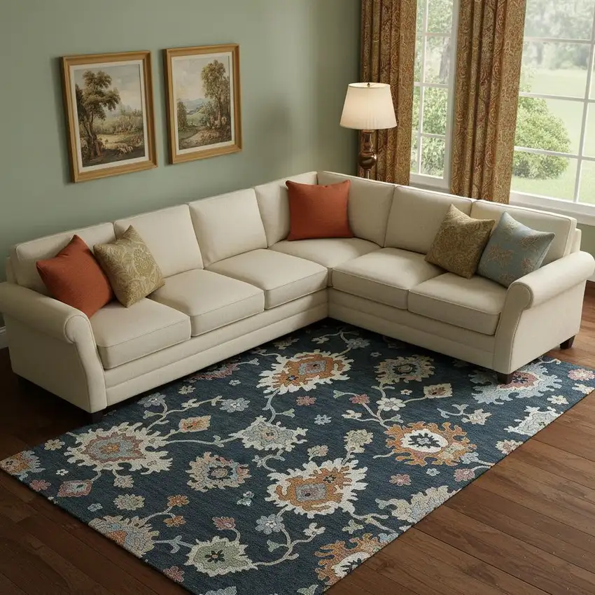 Black Blue And Ivory Floral Medallion Washable Area Rug With UV Protection Photo 1