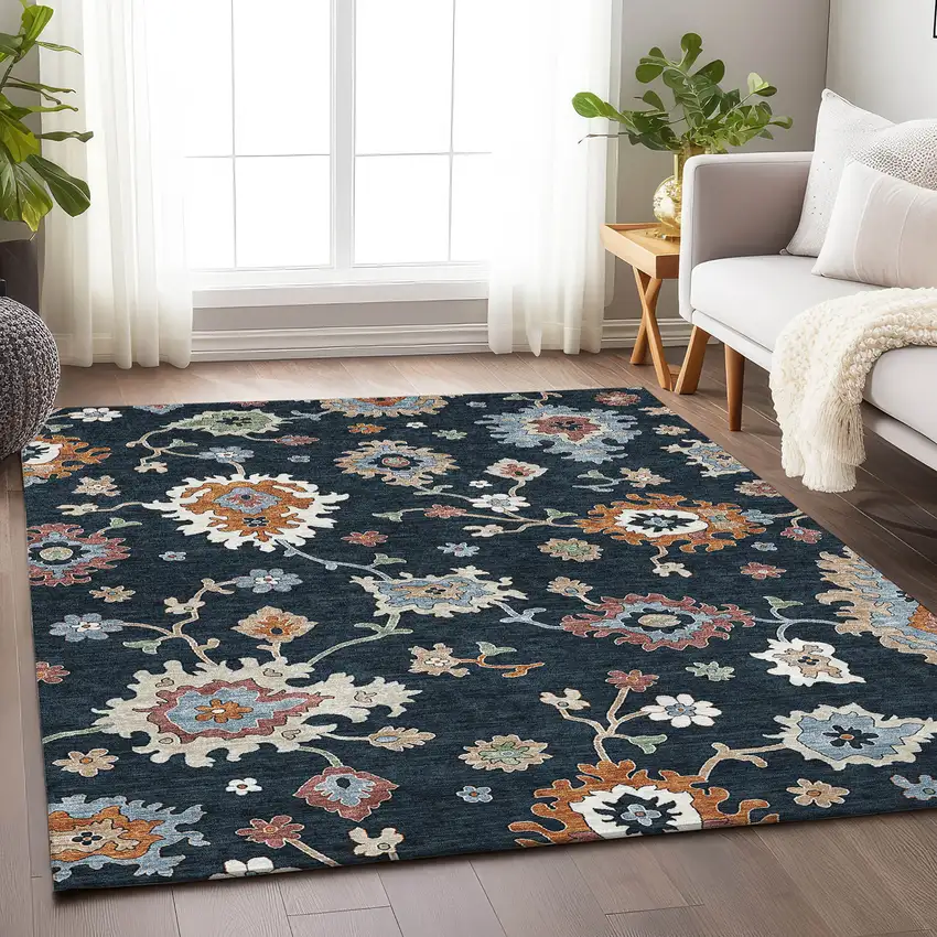 Black Blue And Ivory Floral Medallion Washable Area Rug With UV Protection Photo 4