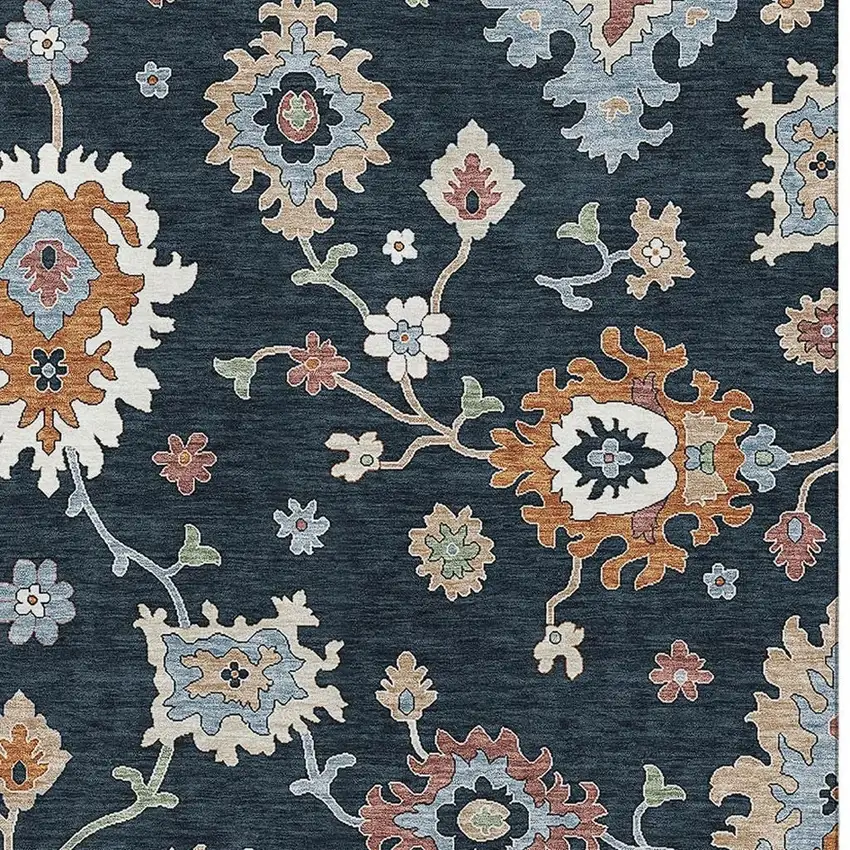 Black Blue And Ivory Floral Medallion Washable Area Rug With UV Protection Photo 2