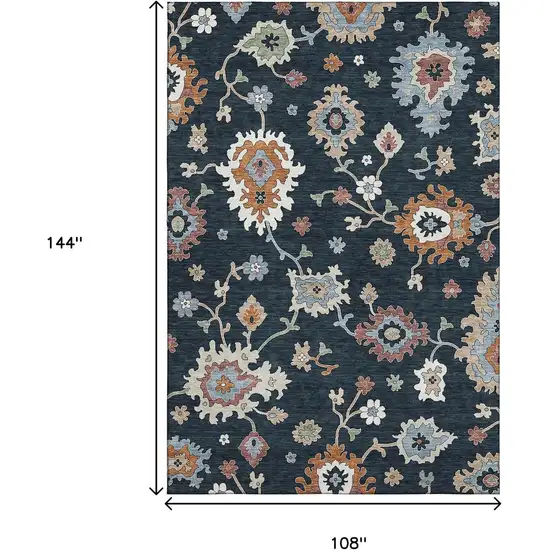 Black Blue And Ivory Floral Medallion Washable Area Rug With UV Protection Photo 3