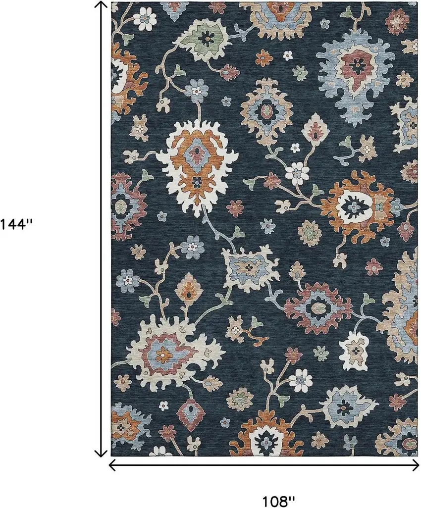Black Blue And Ivory Floral Medallion Washable Area Rug With UV Protection Photo 3