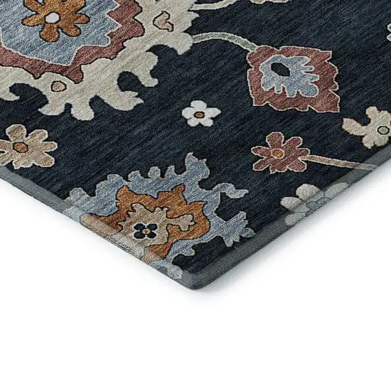 Black Blue And Ivory Floral Medallion Washable Area Rug With UV Protection Photo 7