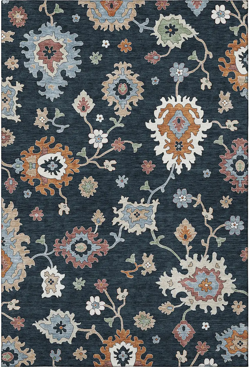 Black Blue And Ivory Floral Medallion Washable Area Rug With UV Protection Photo 3