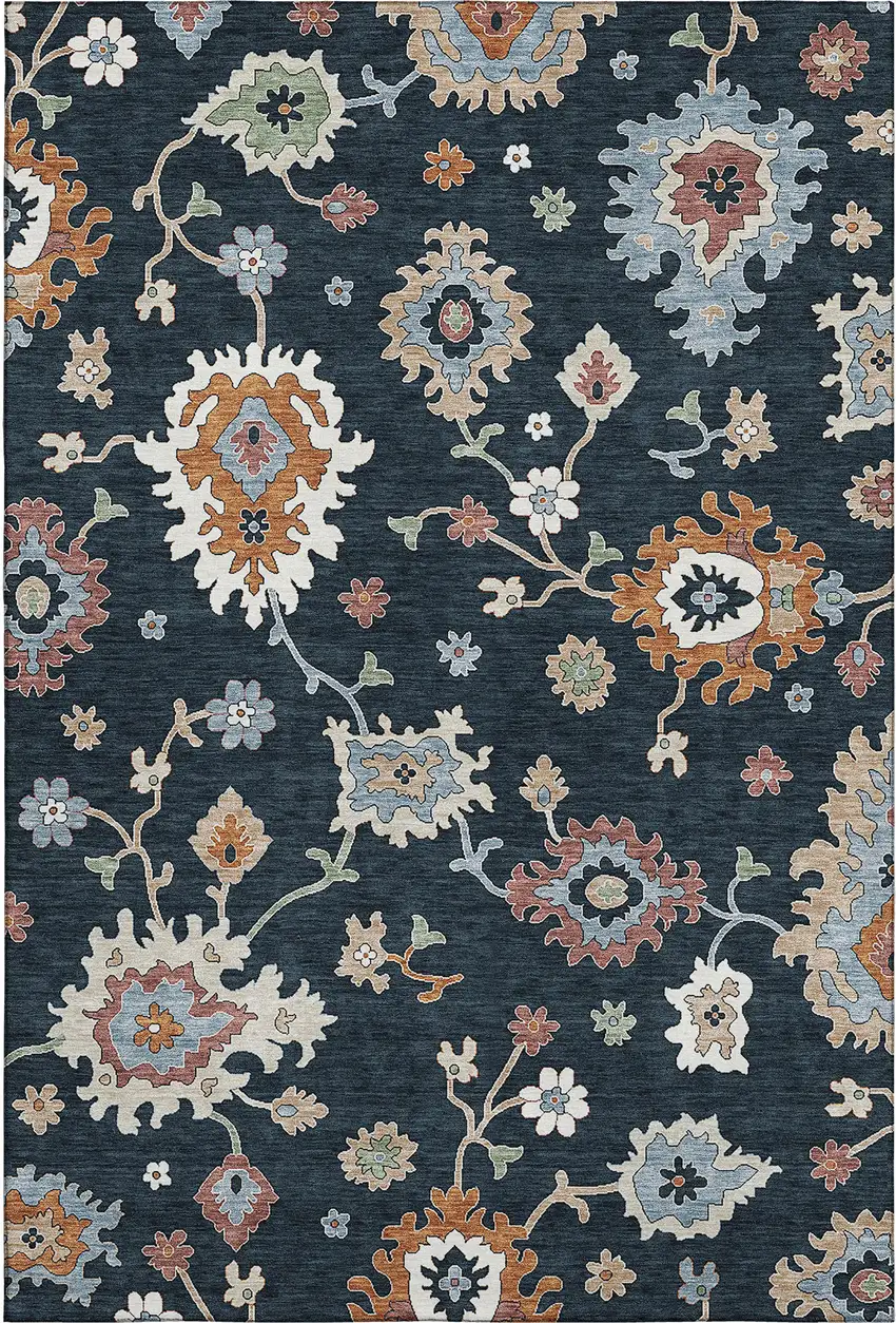 Black Blue And Ivory Floral Medallion Washable Area Rug With UV Protection Photo 1
