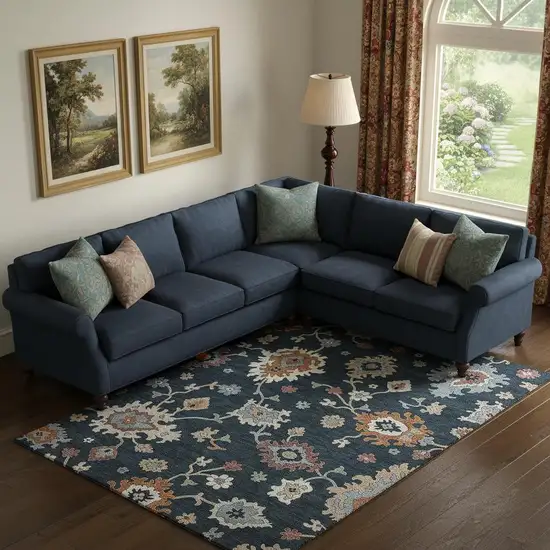 Black Blue And Ivory Floral Medallion Washable Area Rug With UV Protection Photo 1