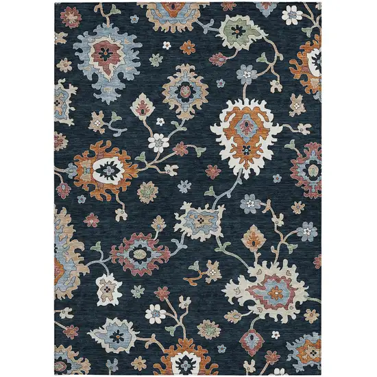 Black Blue And Ivory Floral Washable Indoor Outdoor Area Rug Photo 6