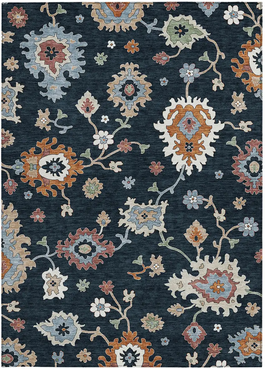 Black Blue And Ivory Floral Washable Indoor Outdoor Area Rug Photo 6