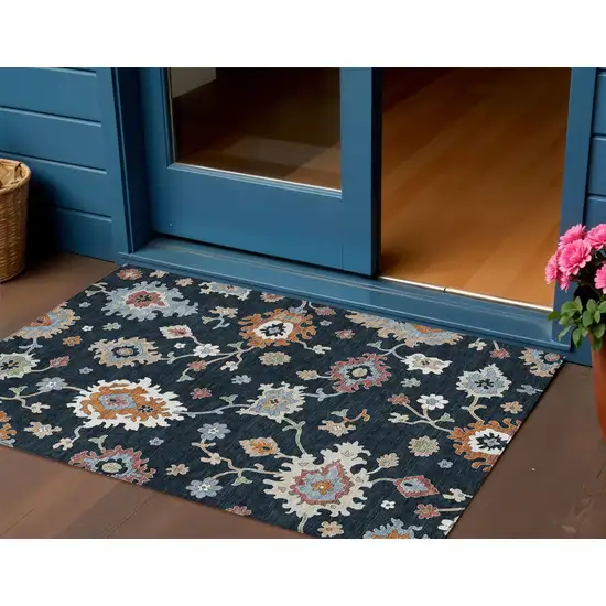 Black Blue And Ivory Floral Washable Indoor Outdoor Area Rug Photo 1