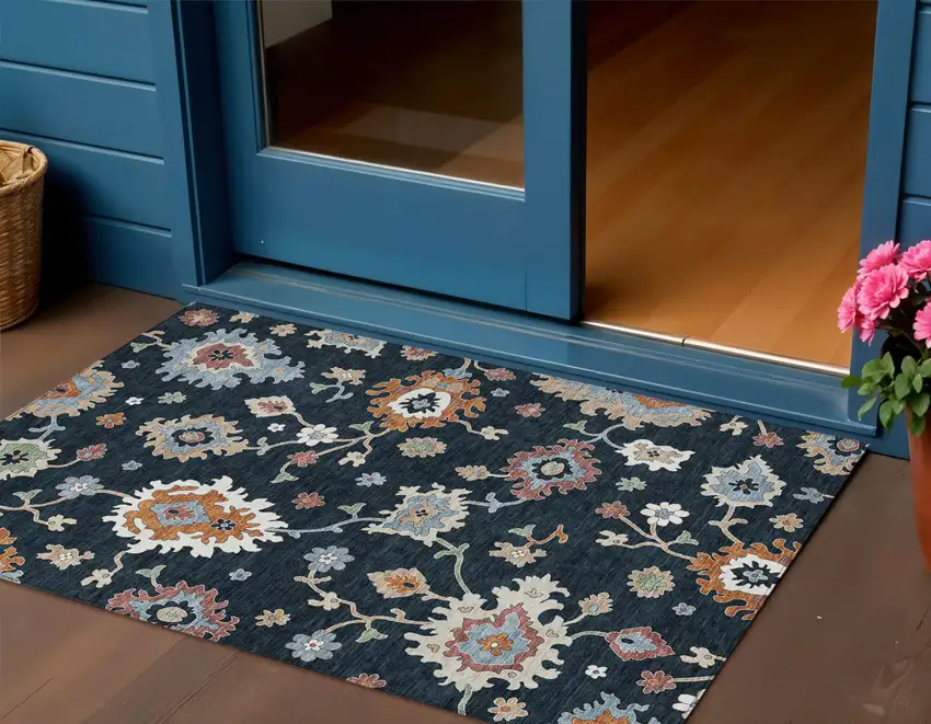 Black Blue And Ivory Floral Washable Indoor Outdoor Area Rug Photo 1