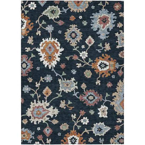 Black Blue And Ivory Floral Washable Indoor Outdoor Area Rug Photo 1