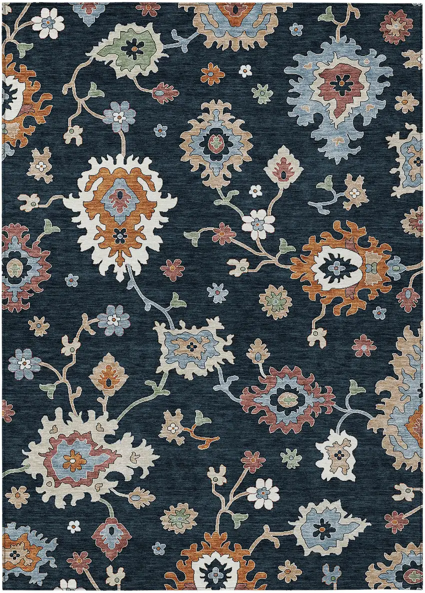Black Blue And Ivory Floral Washable Indoor Outdoor Area Rug Photo 1