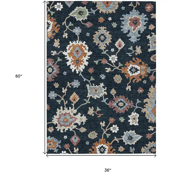 Black Blue And Ivory Floral Washable Indoor Outdoor Area Rug Photo 8