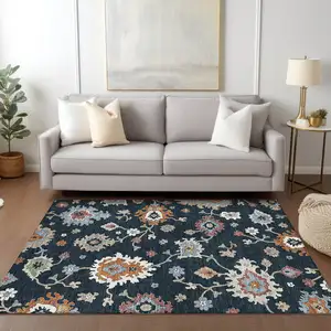Photo of Black Blue And Ivory Floral Washable Indoor Outdoor Area Rug