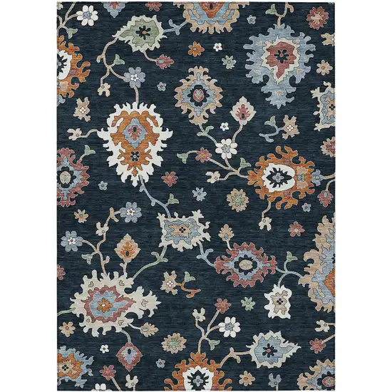 Black Blue And Ivory Floral Washable Indoor Outdoor Area Rug Photo 1