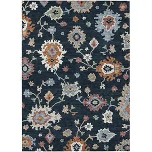 Photo of Black Blue And Ivory Floral Washable Indoor Outdoor Area Rug