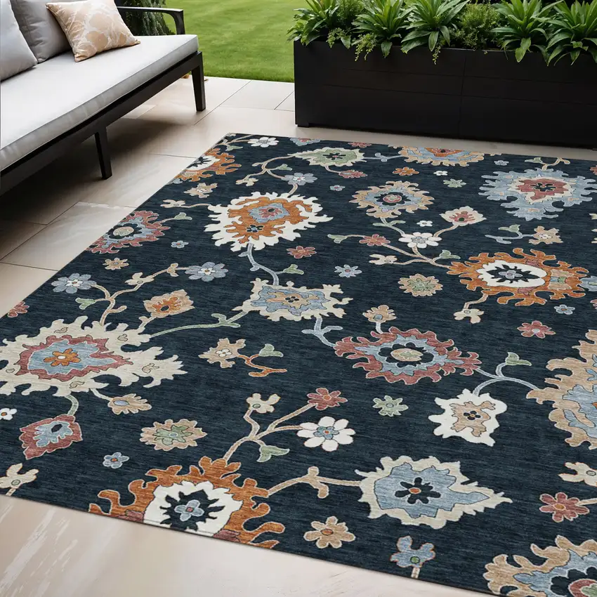 Black Blue And Ivory Floral Washable Indoor Outdoor Area Rug Photo 1