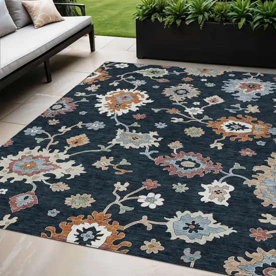 Black Blue And Ivory Floral Washable Indoor Outdoor Area Rug Photo 1