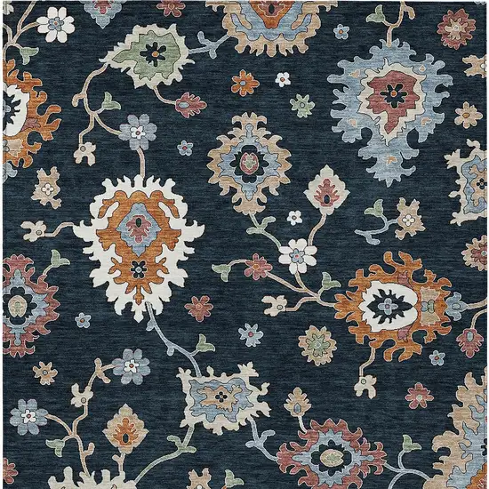 Black Blue And Ivory Floral Washable Indoor Outdoor Area Rug Photo 5