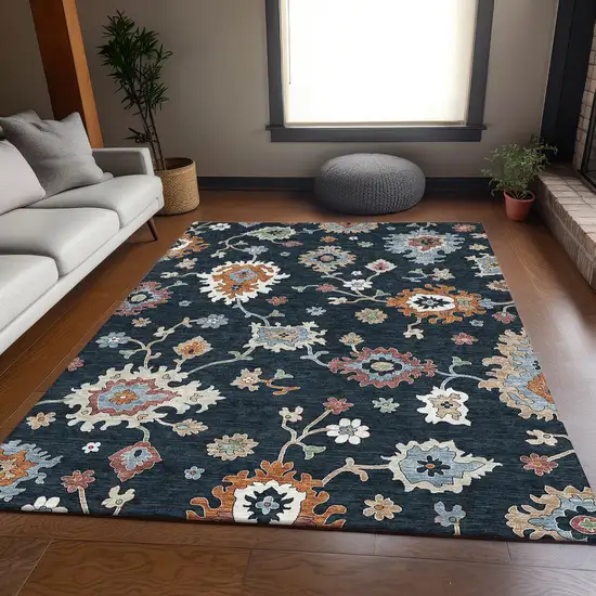Black Blue And Ivory Floral Washable Indoor Outdoor Area Rug Photo 8