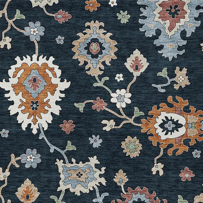 Black Blue And Ivory Floral Washable Indoor Outdoor Area Rug Photo 4